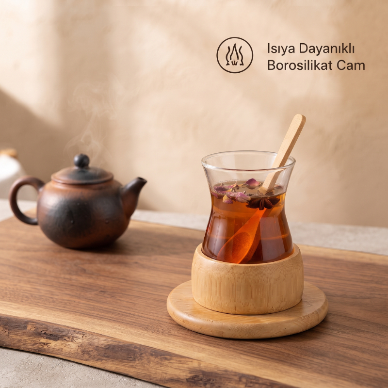 18 Parça Bambu Çay Seti - 6 Çay Bardağı - Borosilikat Cam  - 3